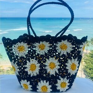 Handcrafted Floral Crochet Tote Bag - Black and Yellow
